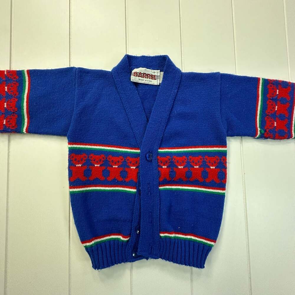 Vintage 1980s Barrel Kids Blue Teddy Bear Knit Cardigan Sweater Size 4